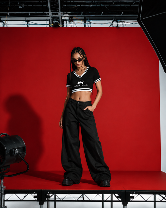 Luxury Club  Noir V-Neck Crop Top Women's Collection